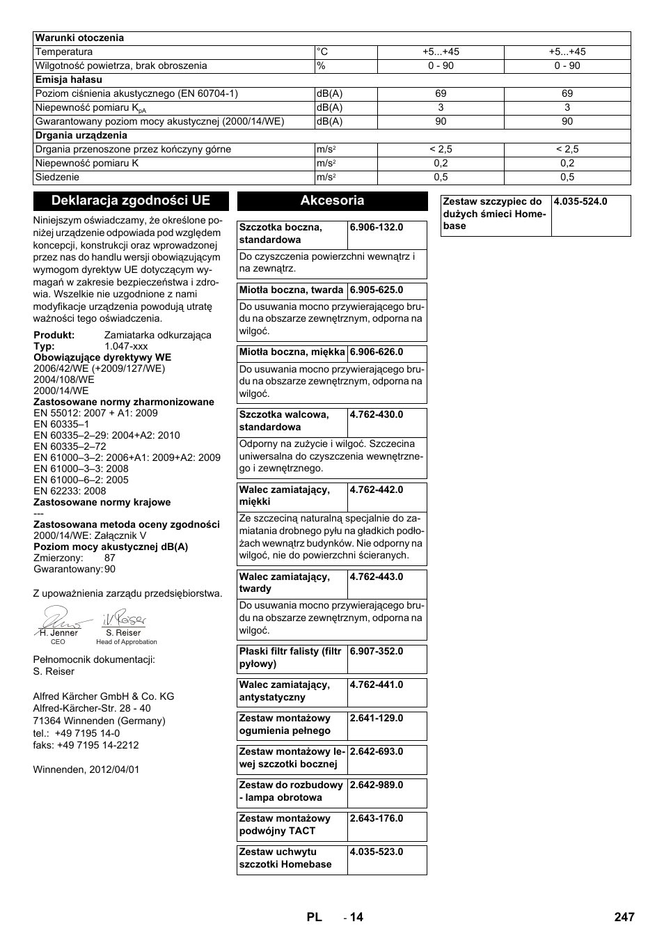 Deklaracja zgodności ue, Akcesoria | Karcher KM 90-60 R Bp Pack Advanced User Manual | Page 247 / 376