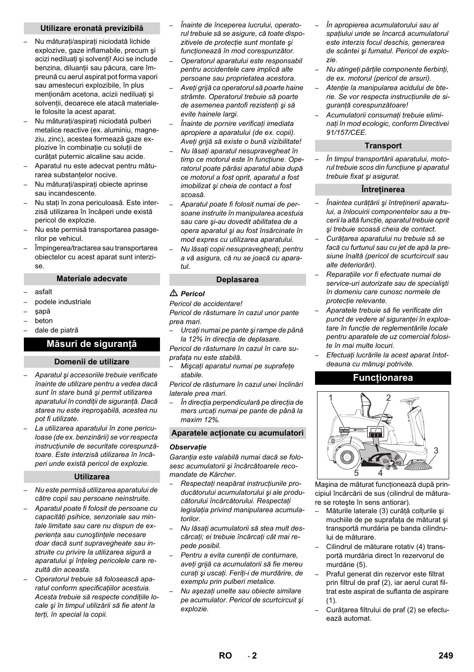 Măsuri de siguranţă, Funcţionarea | Karcher KM 90-60 R Bp Pack Advanced User Manual | Page 249 / 376