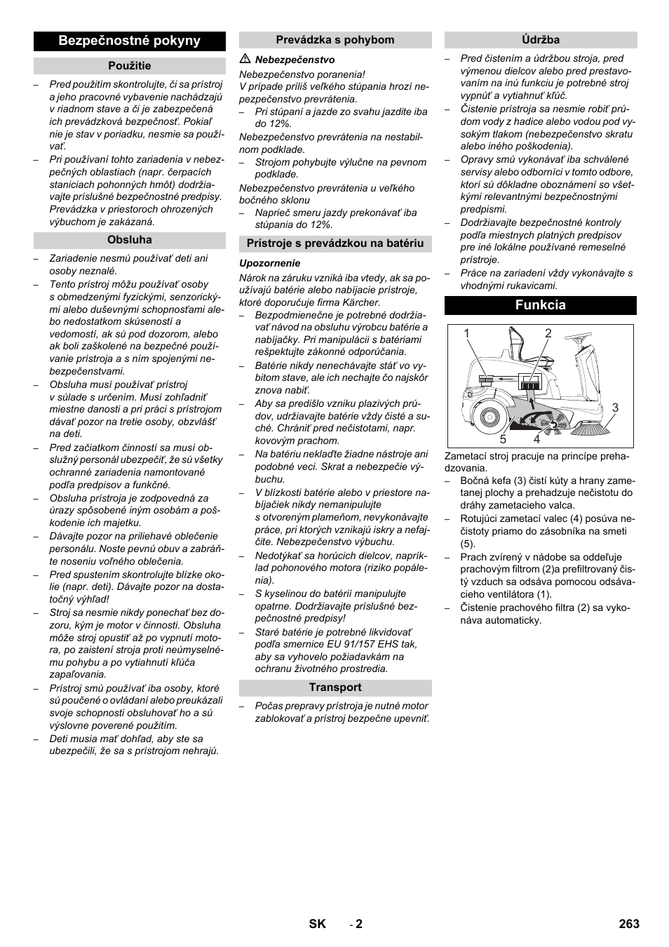 Bezpečnostné pokyny, Funkcia | Karcher KM 90-60 R Bp Pack Advanced User Manual | Page 263 / 376