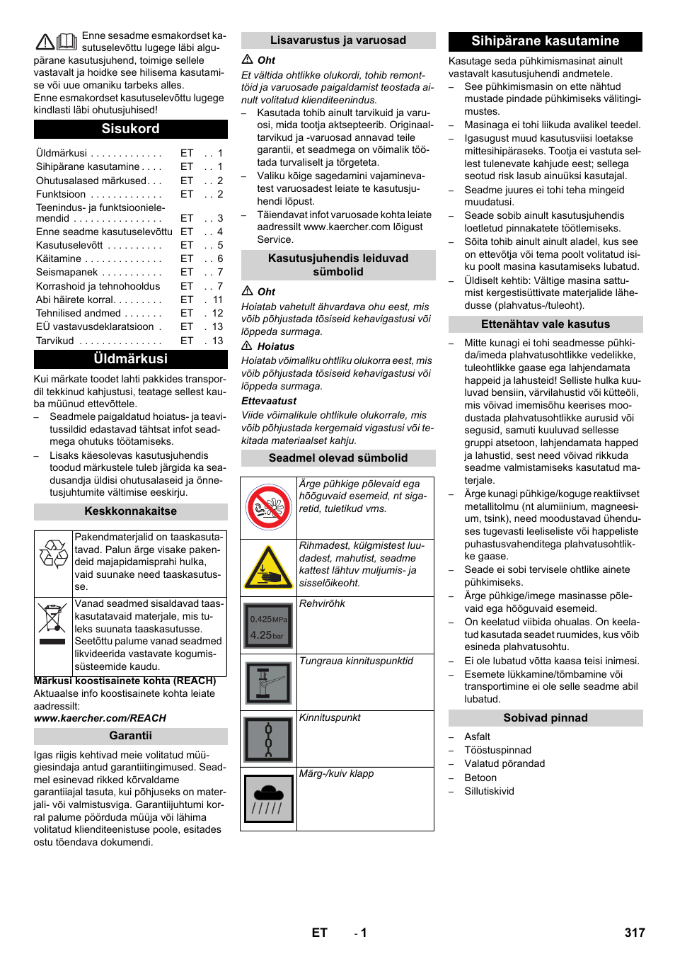 Eesti, Sisukord, Üldmärkusi | Sihipärane kasutamine | Karcher KM 90-60 R Bp Pack Advanced User Manual | Page 317 / 376