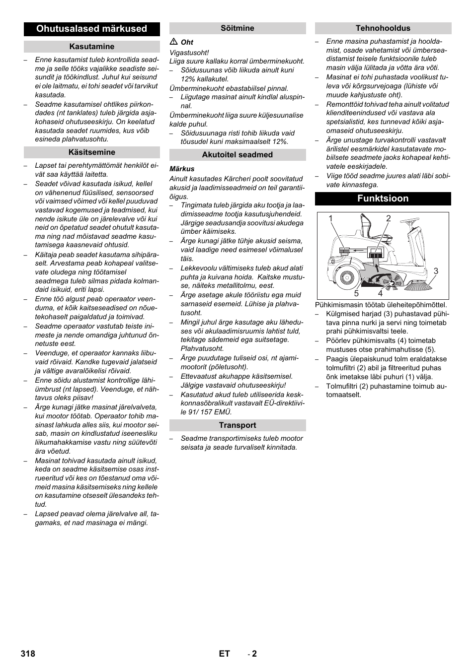 Ohutusalased märkused, Funktsioon | Karcher KM 90-60 R Bp Pack Advanced User Manual | Page 318 / 376