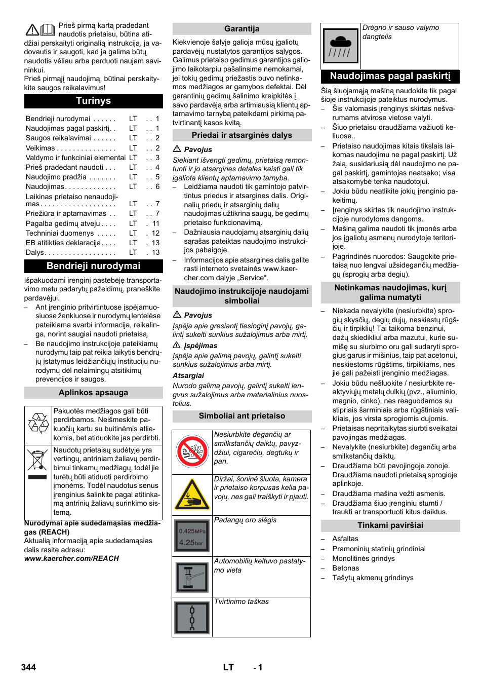 Lietuviškai, Turinys, Bendrieji nurodymai | Naudojimas pagal paskirtį | Karcher KM 90-60 R Bp Pack Advanced User Manual | Page 344 / 376