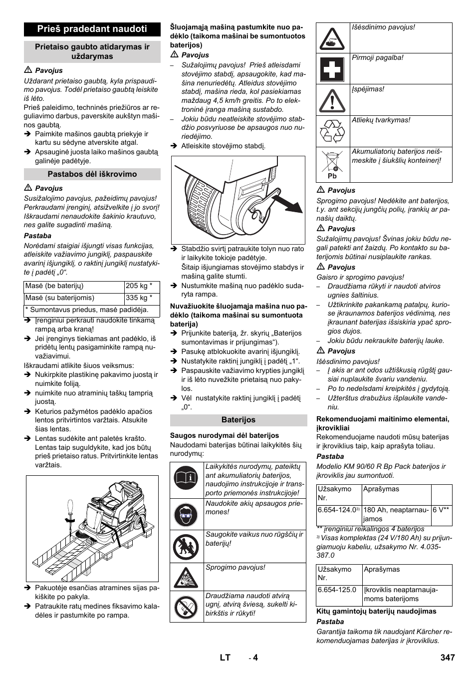 Prieš pradedant naudoti | Karcher KM 90-60 R Bp Pack Advanced User Manual | Page 347 / 376