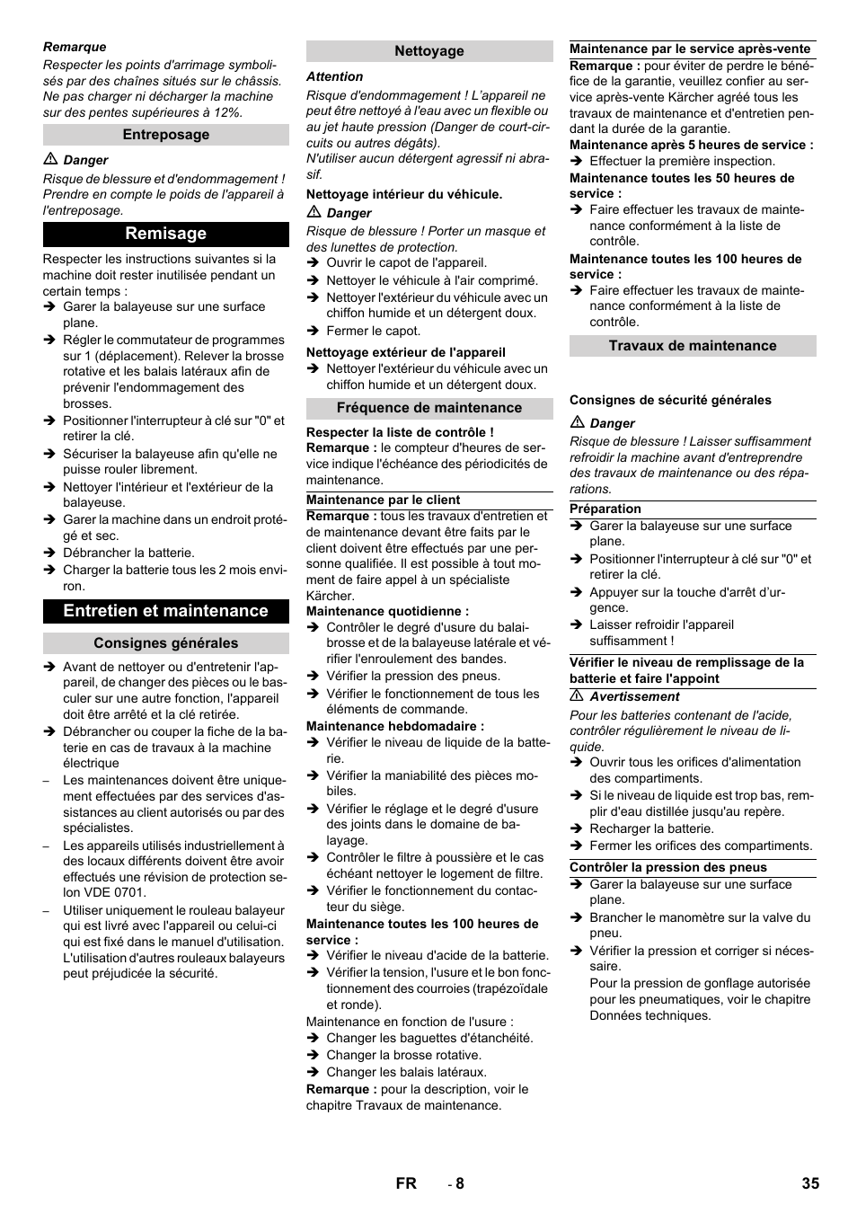 Remisage entretien et maintenance | Karcher KM 90-60 R Bp Pack Advanced User Manual | Page 35 / 376