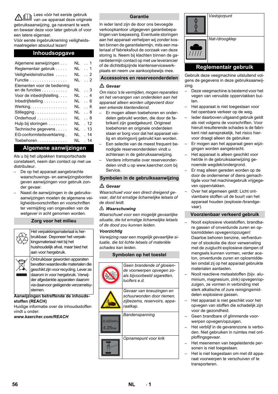 Nederlands, Inhoudsopgave, Algemene aanwijzingen | Reglementair gebruik | Karcher KM 90-60 R Bp Pack Advanced User Manual | Page 56 / 376