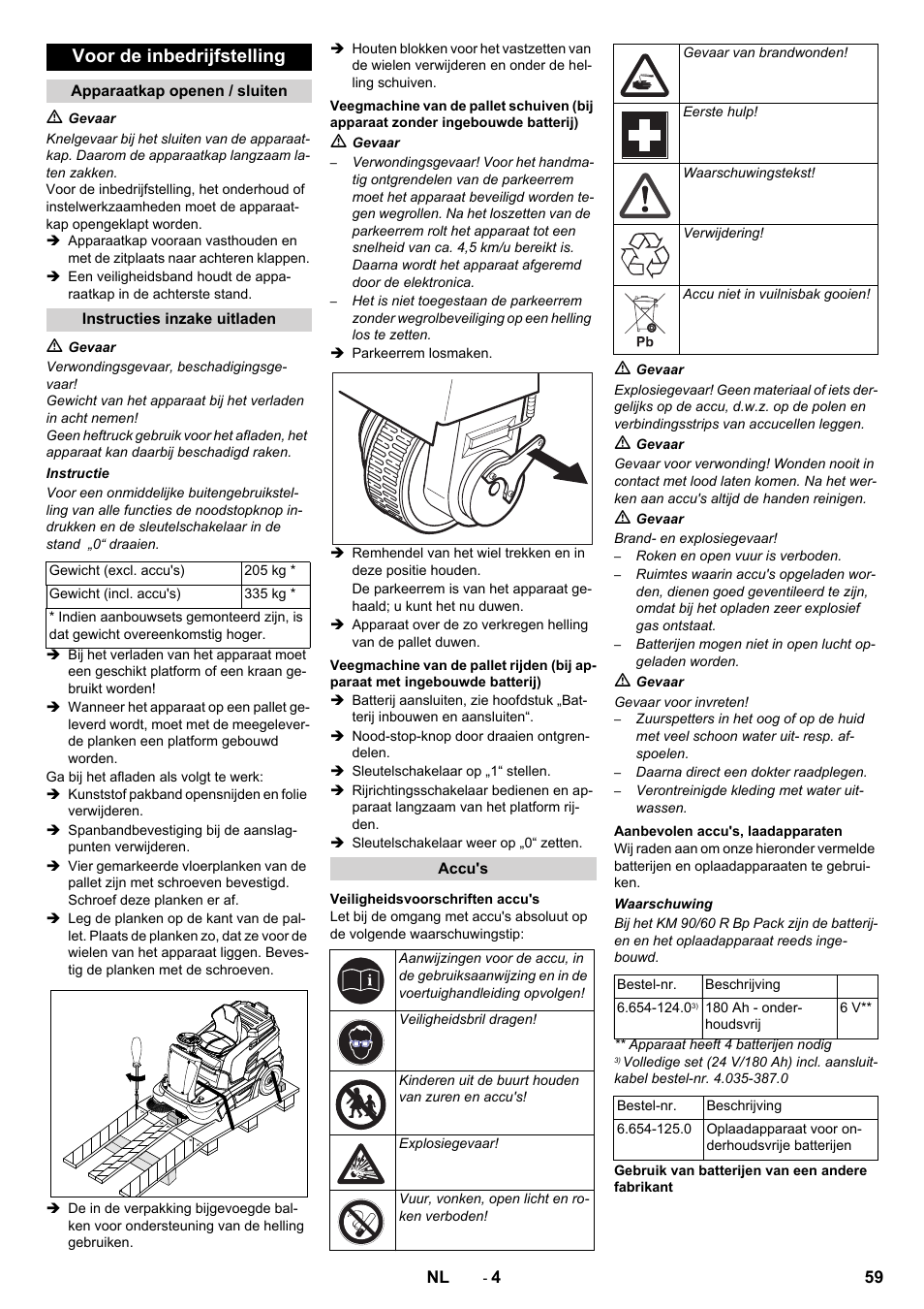 Voor de inbedrijfstelling | Karcher KM 90-60 R Bp Pack Advanced User Manual | Page 59 / 376