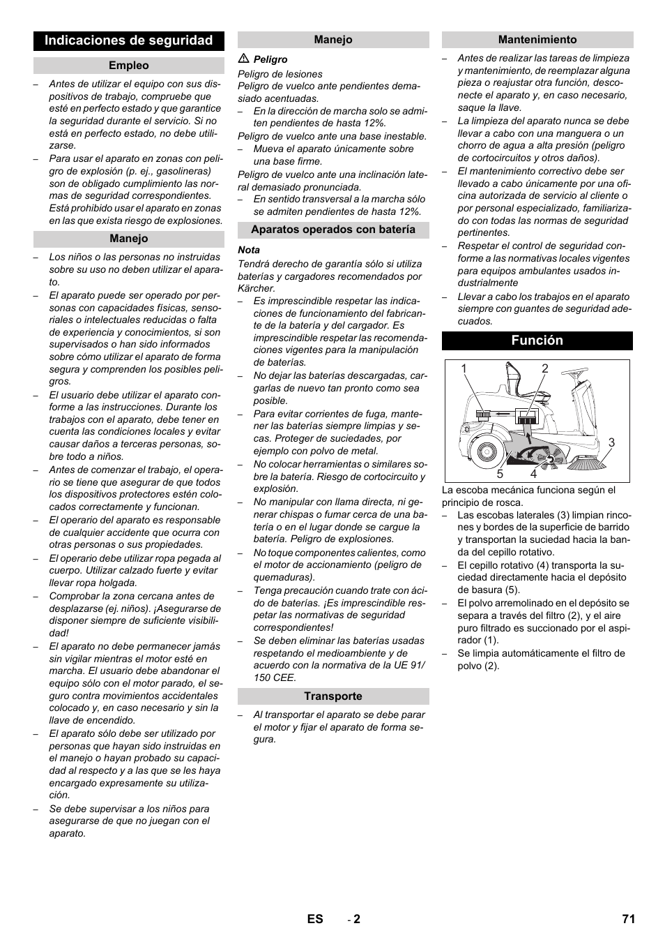 Indicaciones de seguridad, Función | Karcher KM 90-60 R Bp Pack Advanced User Manual | Page 71 / 376