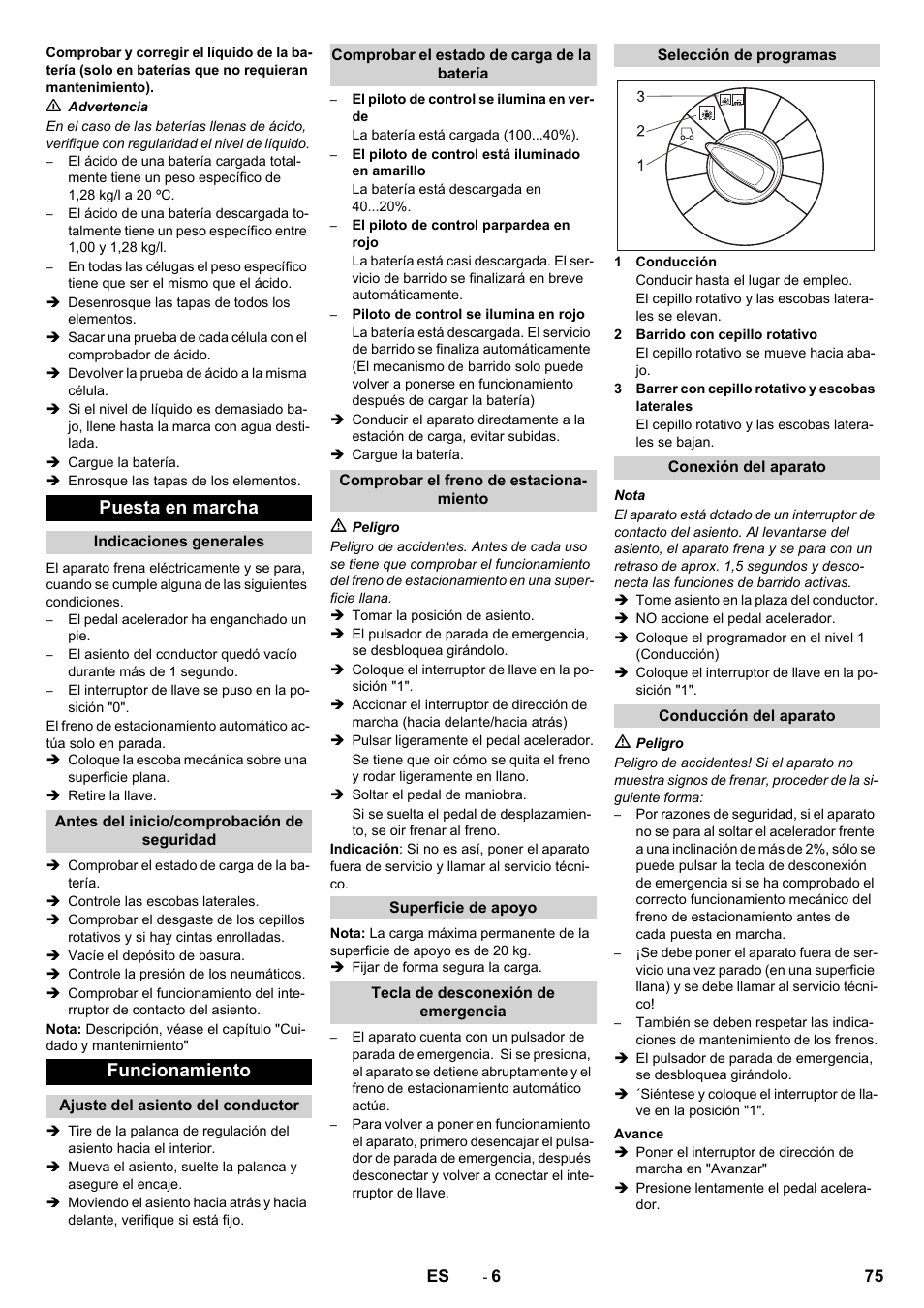 Puesta en marcha, Funcionamiento | Karcher KM 90-60 R Bp Pack Advanced User Manual | Page 75 / 376