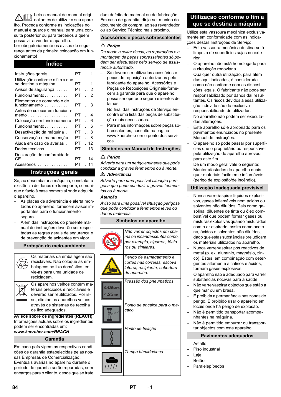 Português, Índice, Instruções gerais | Karcher KM 90-60 R Bp Pack Advanced User Manual | Page 84 / 376