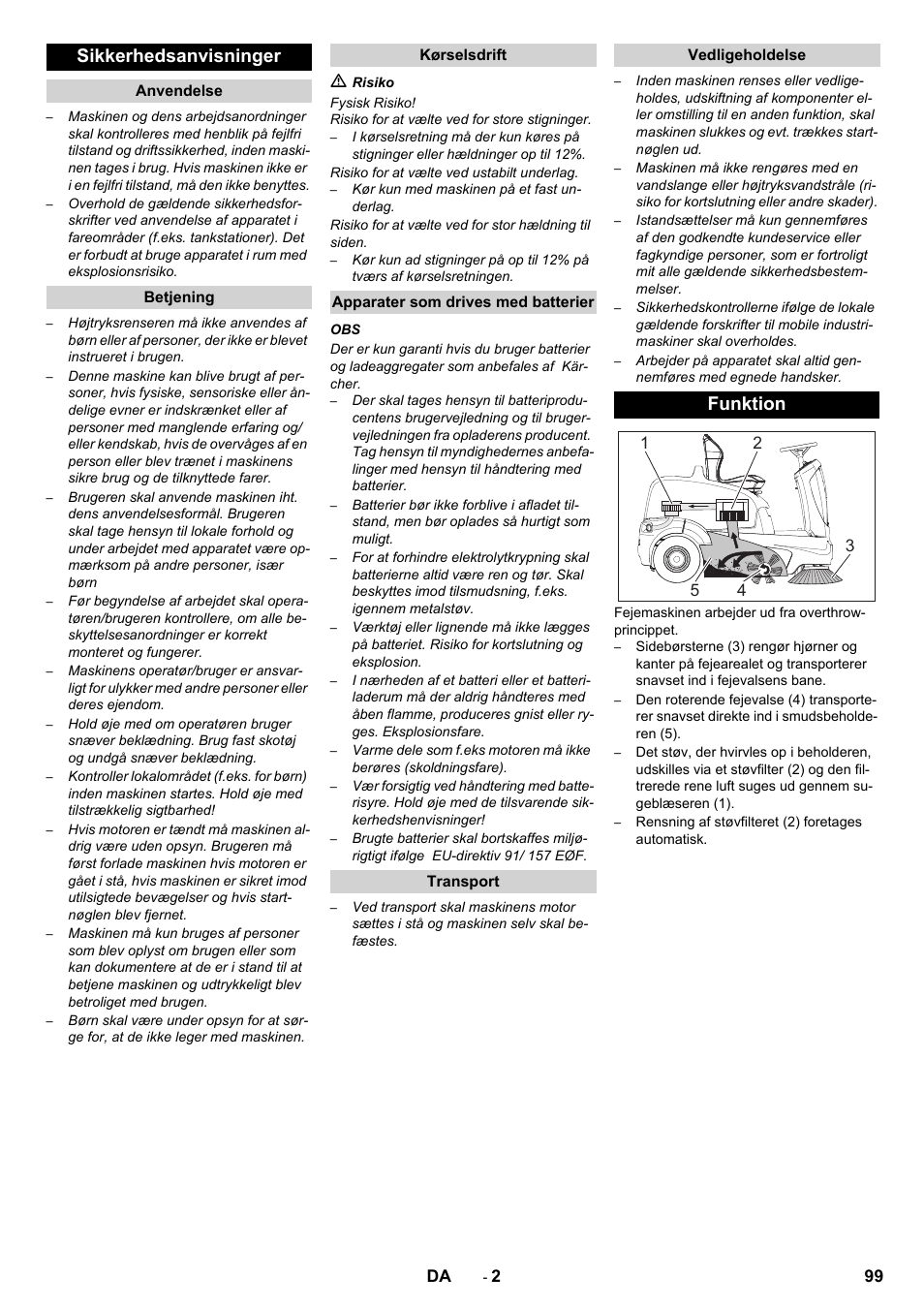 Sikkerhedsanvisninger, Funktion | Karcher KM 90-60 R Bp Pack Advanced User Manual | Page 99 / 376