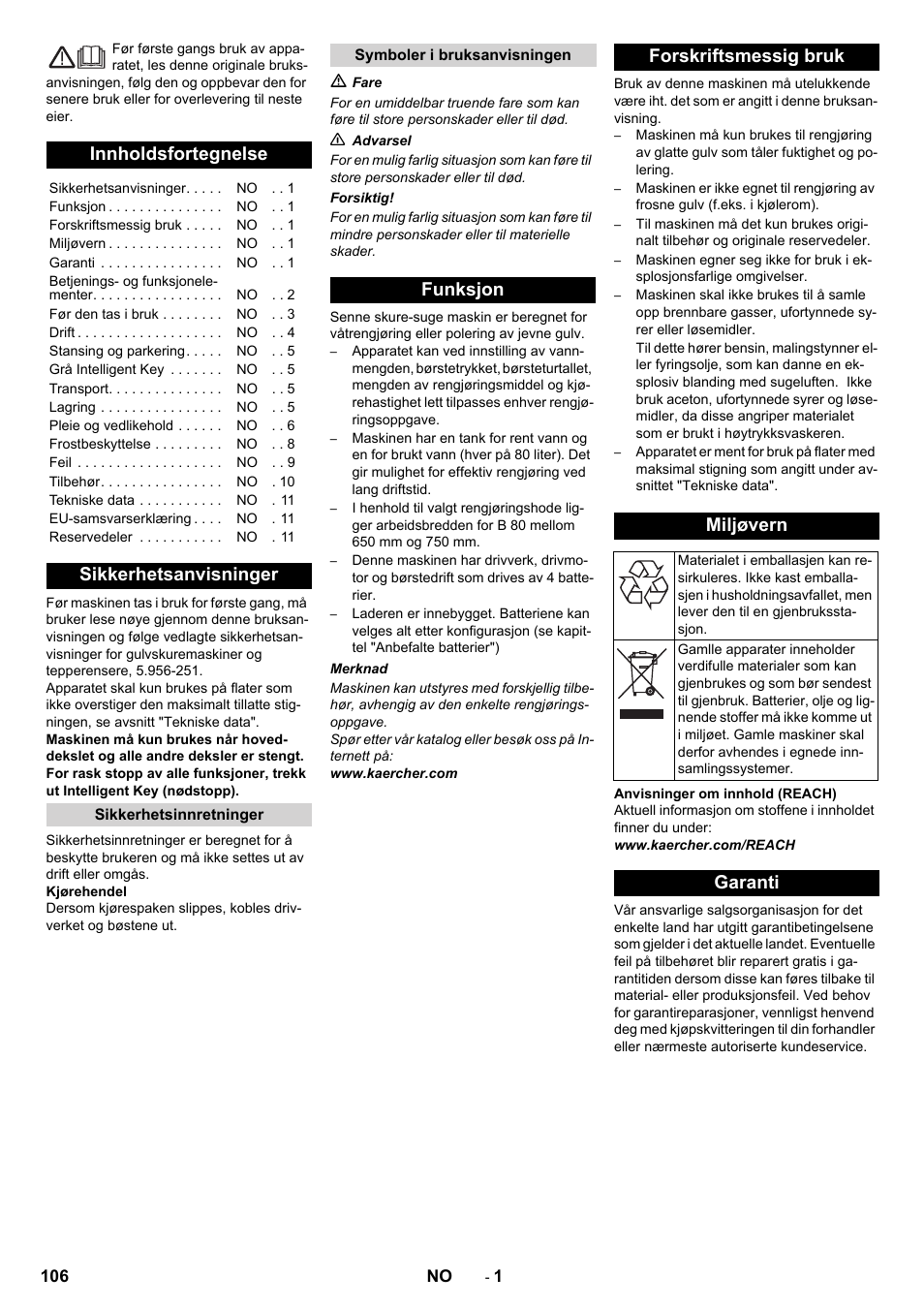 Norsk, Innholdsfortegnelse, Sikkerhetsanvisninger | Funksjon forskriftsmessig bruk miljøvern, Garanti | Karcher B 80 W User Manual | Page 106 / 310