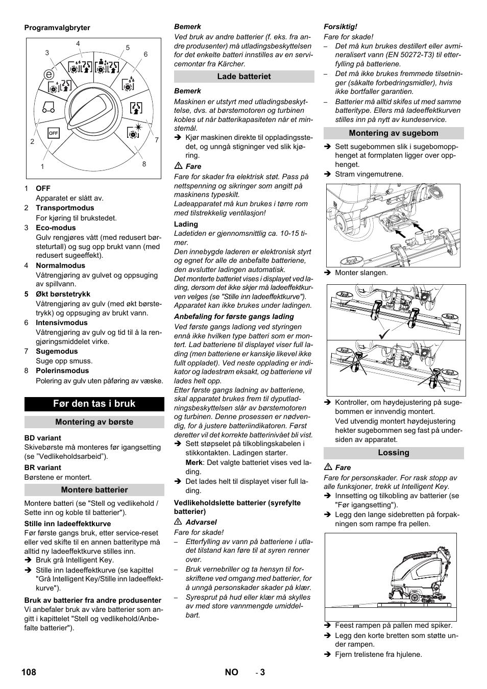 Før den tas i bruk | Karcher B 80 W User Manual | Page 108 / 310