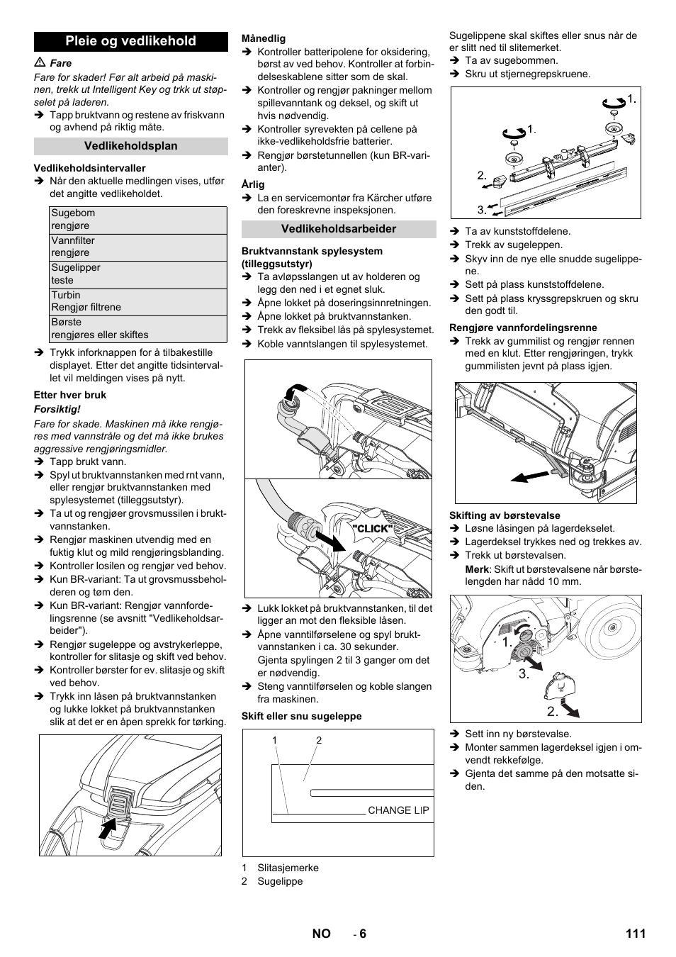 Pleie og vedlikehold | Karcher B 80 W User Manual | Page 111 / 310