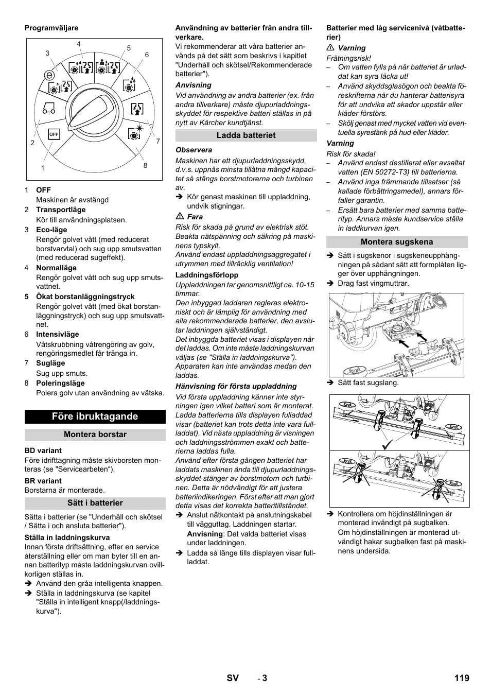 Före ibruktagande | Karcher B 80 W User Manual | Page 119 / 310