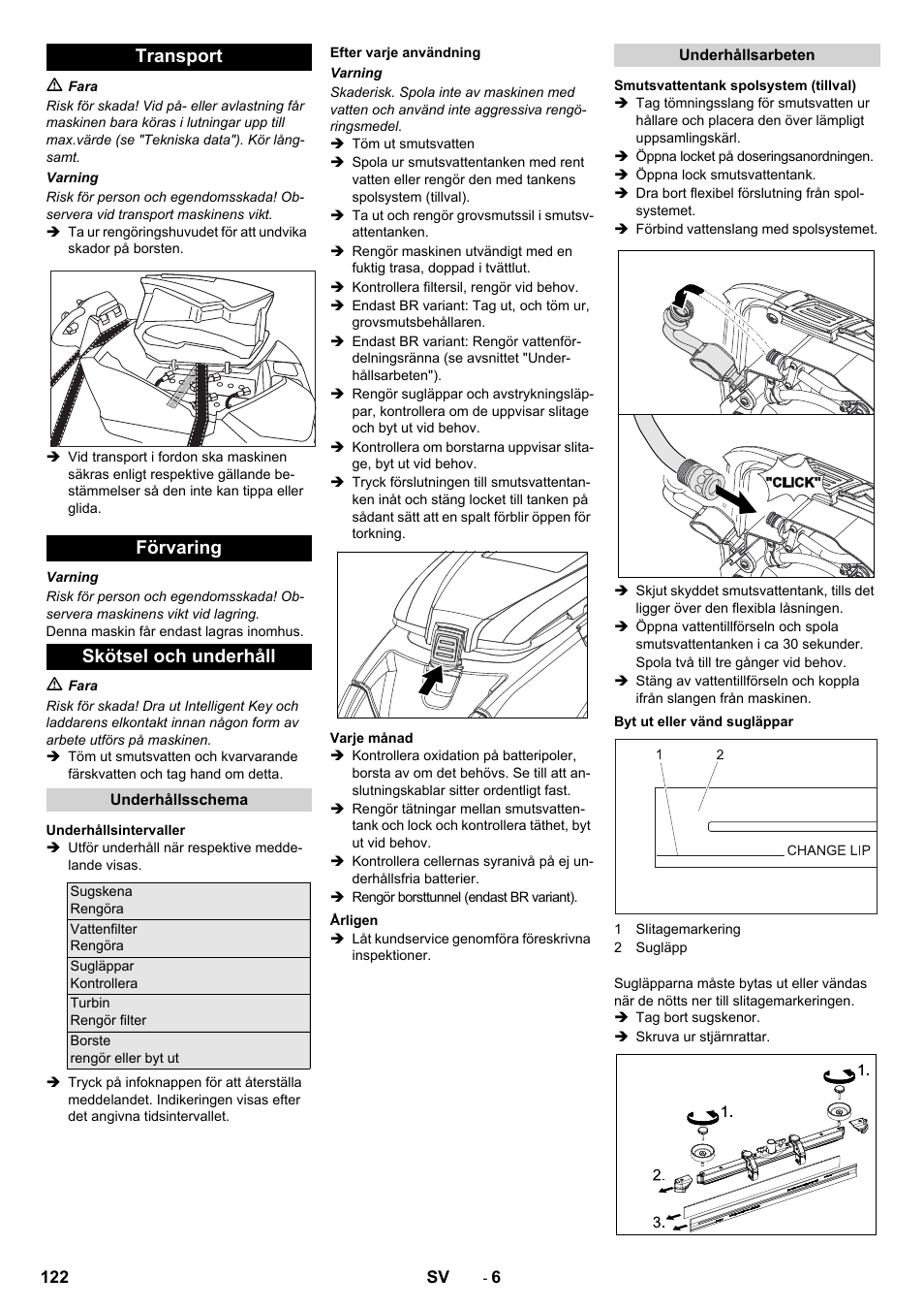 Transport förvaring skötsel och underhåll | Karcher B 80 W User Manual | Page 122 / 310