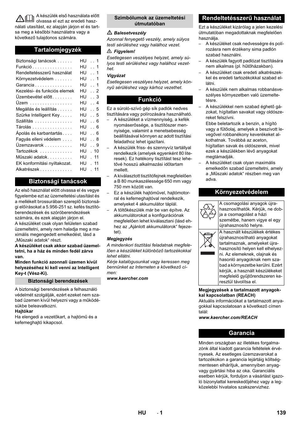 Magyar, Tartalomjegyzék, Biztonsági tanácsok | Garancia | Karcher B 80 W User Manual | Page 139 / 310