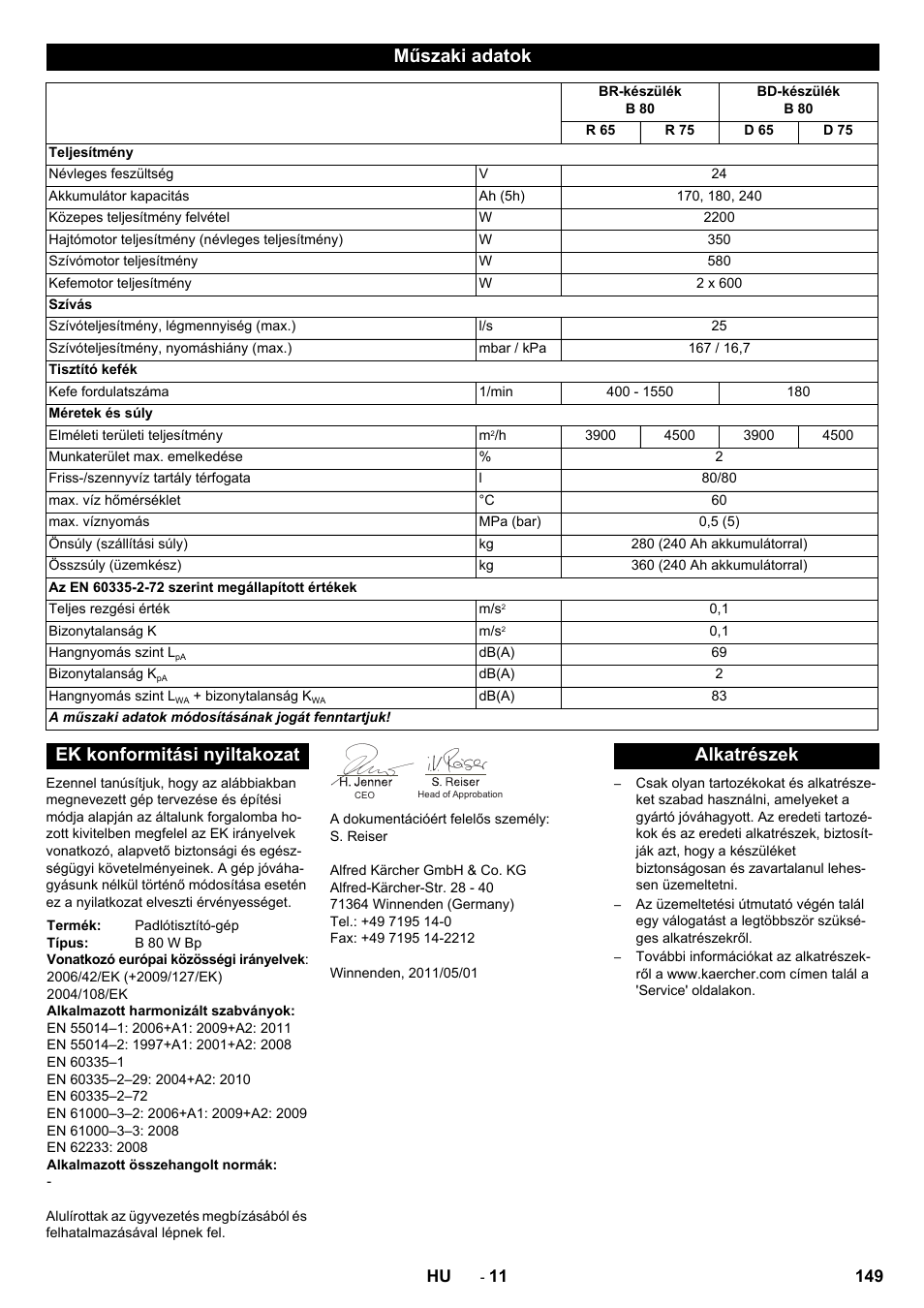 Műszaki adatok, Ek konformitási nyiltakozat, Alkatrészek | Karcher B 80 W User Manual | Page 149 / 310