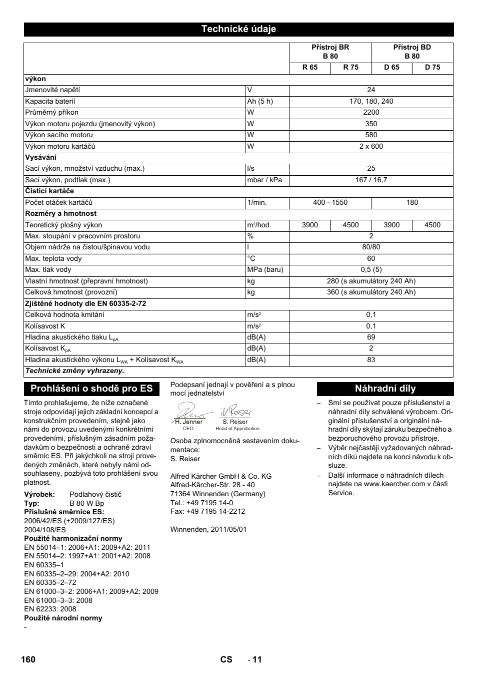 Technické údaje, Prohlášení o shodě pro es, Náhradní díly | Karcher B 80 W User Manual | Page 160 / 310