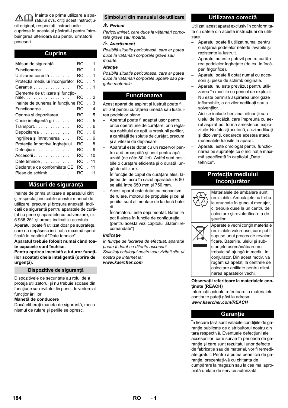 Româneşte, Cuprins, Măsuri de siguranţă | Garanţie | Karcher B 80 W User Manual | Page 184 / 310