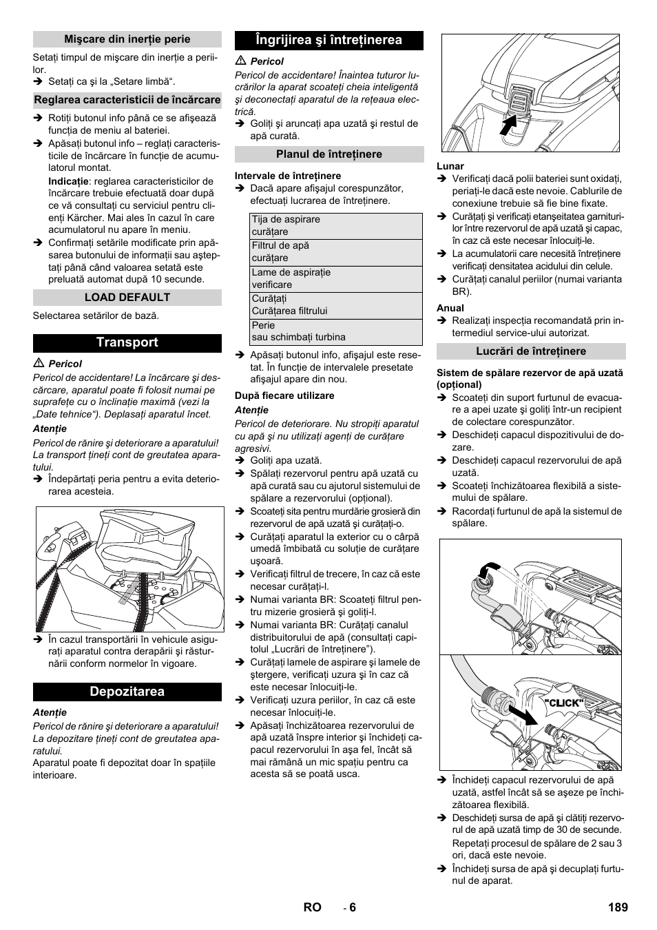 Transport depozitarea îngrijirea şi întreţinerea | Karcher B 80 W User Manual | Page 189 / 310