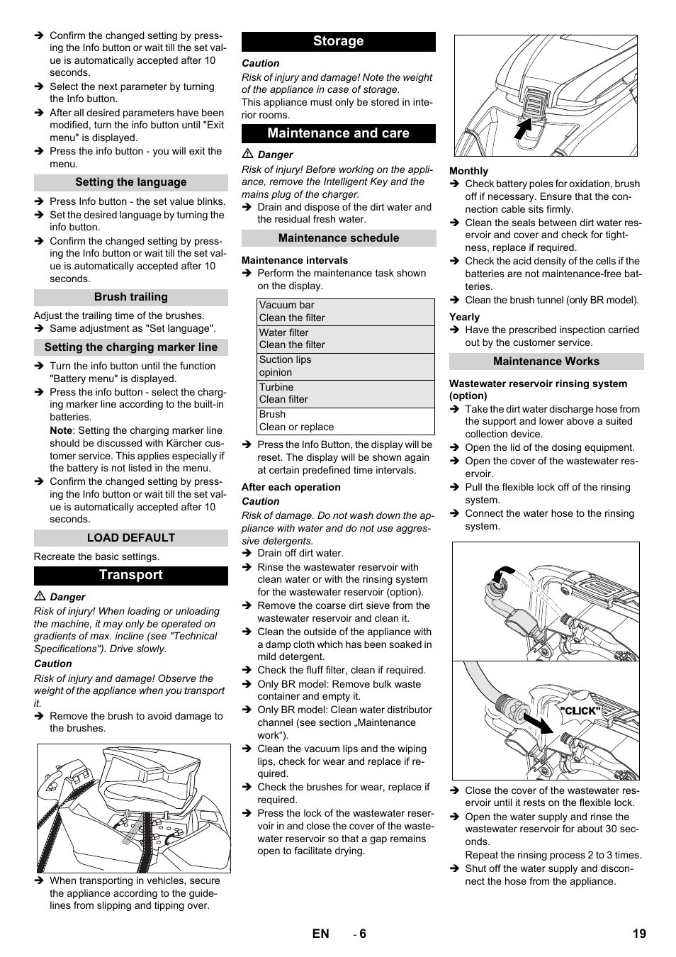 Transport storage maintenance and care | Karcher B 80 W User Manual | Page 19 / 310