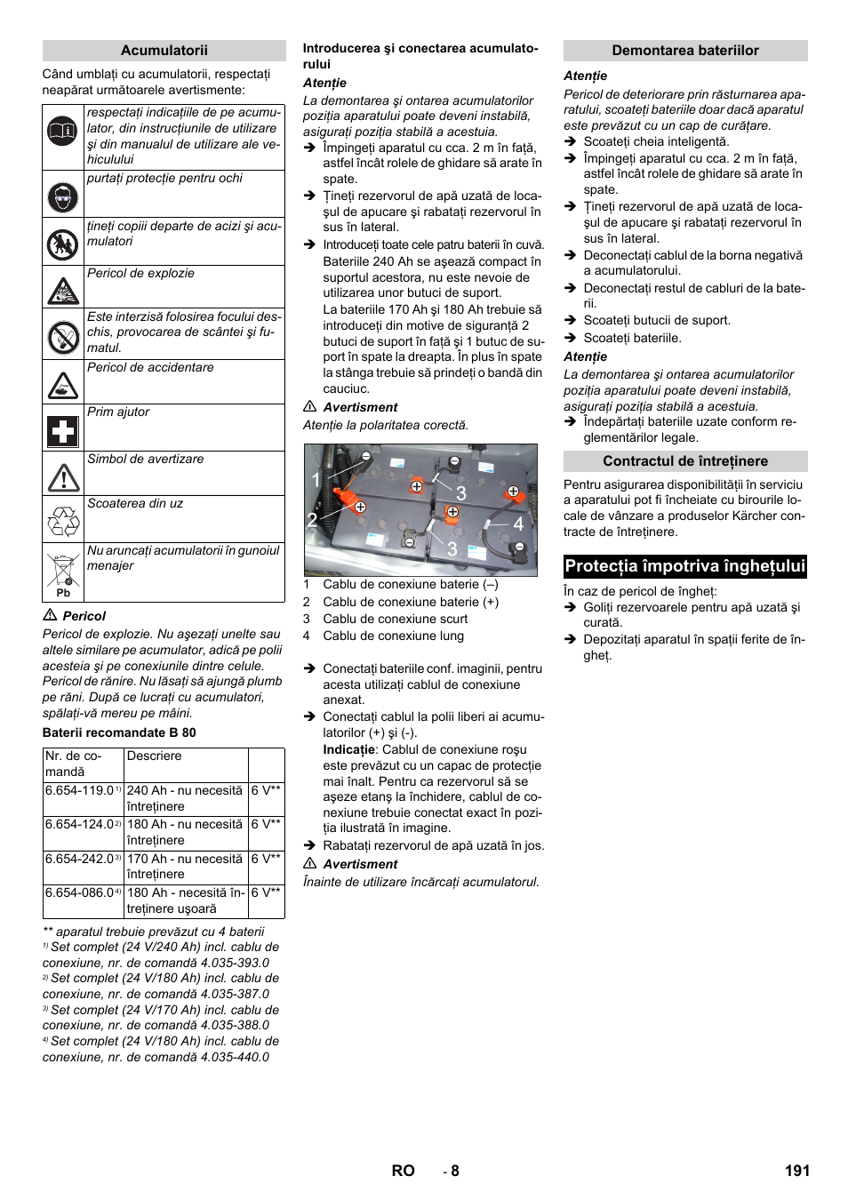 Protecţia împotriva îngheţului | Karcher B 80 W User Manual | Page 191 / 310