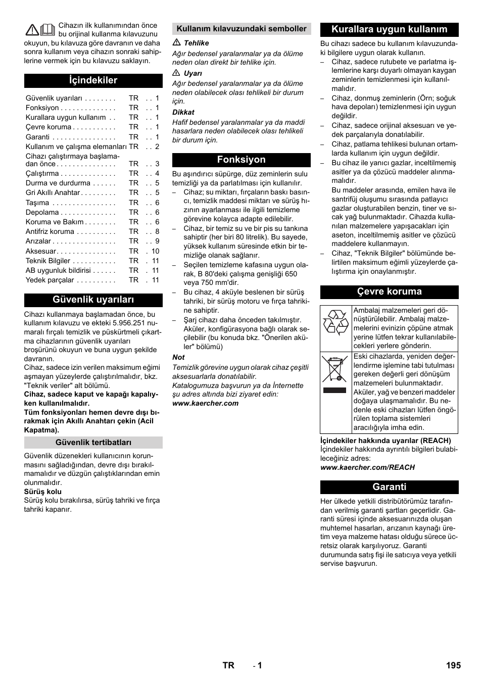 Türkçe, Içindekiler, Güvenlik uyarıları | Fonksiyon kurallara uygun kullanım çevre koruma, Garanti | Karcher B 80 W User Manual | Page 195 / 310