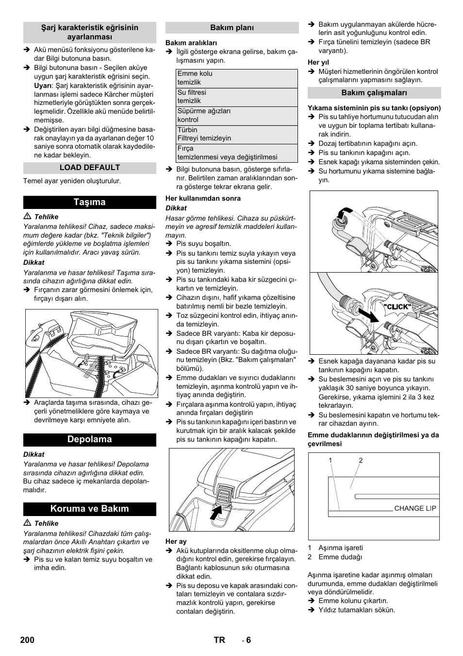 Taşıma depolama koruma ve bakım | Karcher B 80 W User Manual | Page 200 / 310