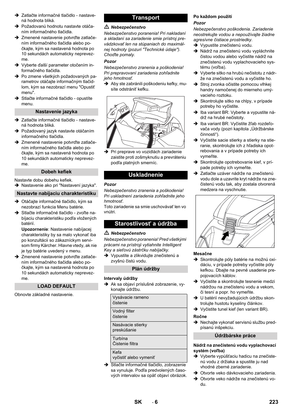 Transport uskladnenie starostlivosť a údržba | Karcher B 80 W User Manual | Page 223 / 310