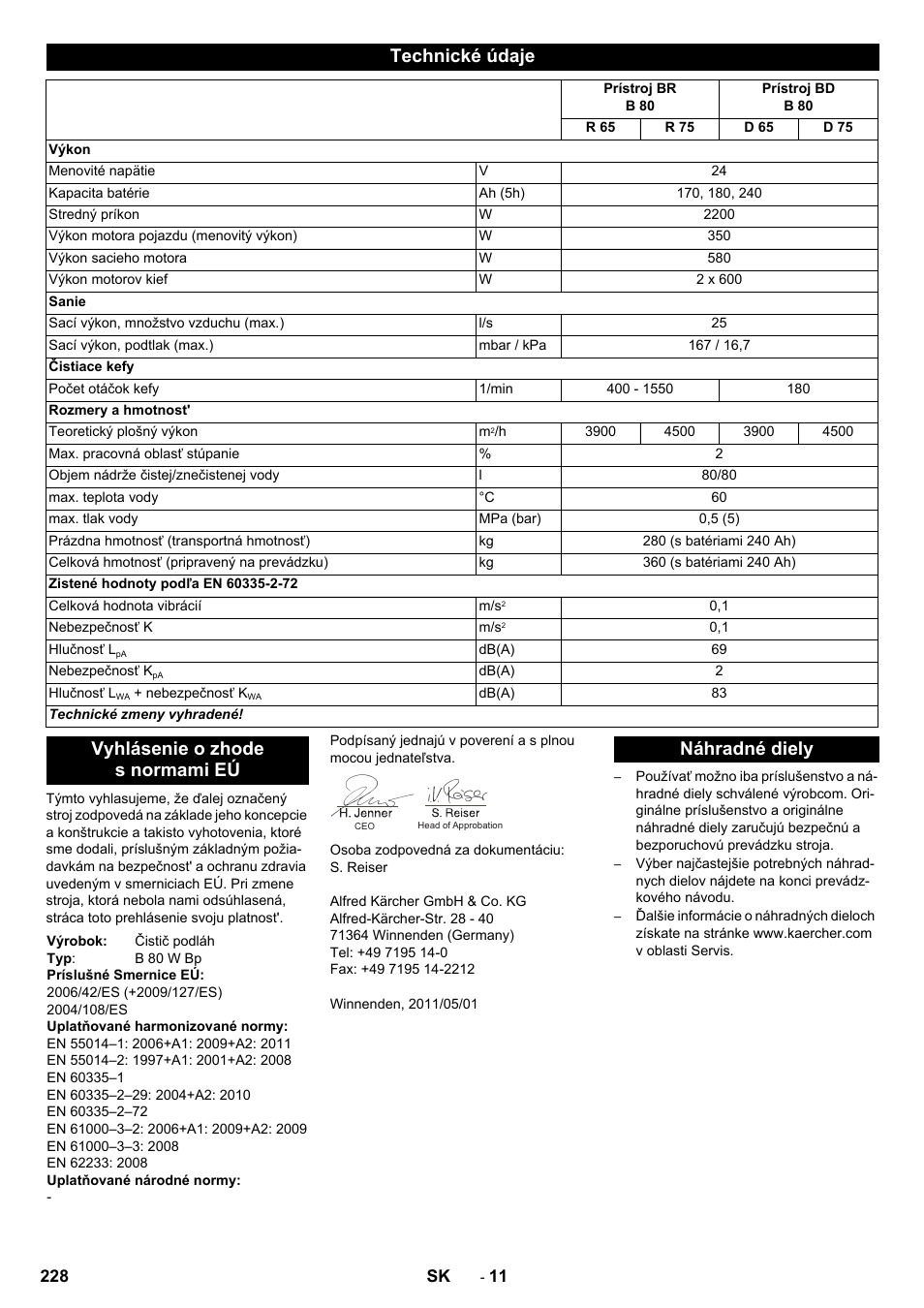 Technické údaje, Vyhlásenie o zhode s normami eú, Náhradné diely | Karcher B 80 W User Manual | Page 228 / 310