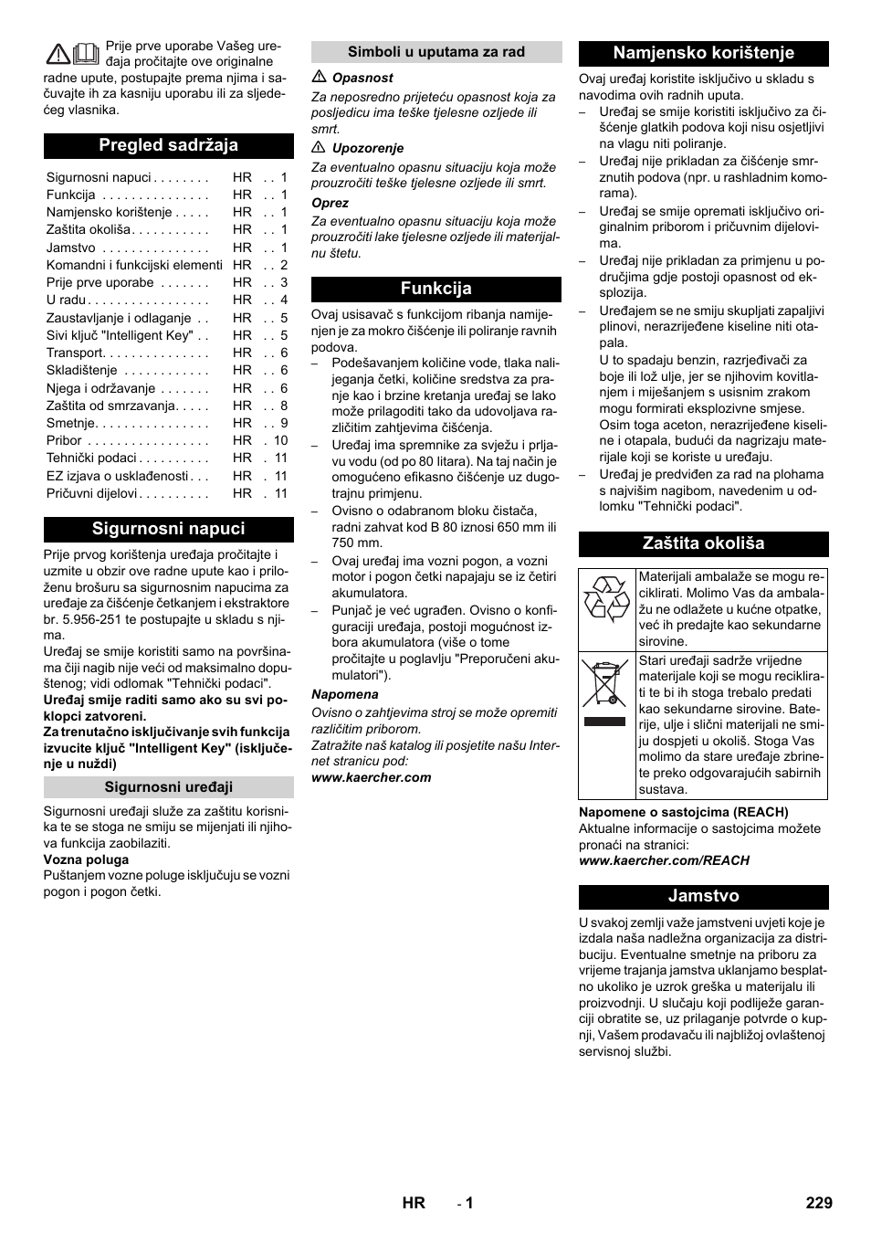 Hrvatski, Pregled sadržaja, Sigurnosni napuci | Funkcija namjensko korištenje zaštita okoliša, Jamstvo | Karcher B 80 W User Manual | Page 229 / 310