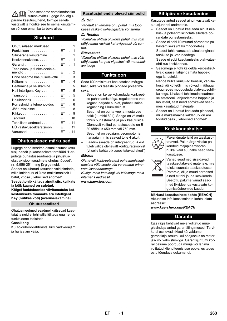 Eesti, Sisukord, Ohutusalased märkused | Funktsioon sihipärane kasutamine keskkonnakaitse, Garantii | Karcher B 80 W User Manual | Page 263 / 310