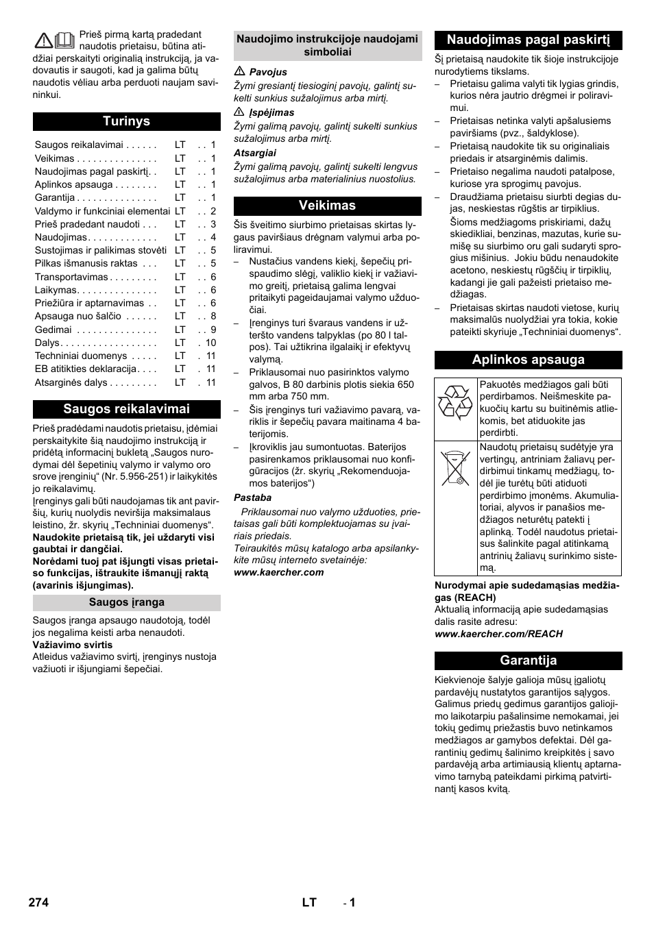 Lietuviškai, Turinys, Saugos reikalavimai | Garantija | Karcher B 80 W User Manual | Page 274 / 310