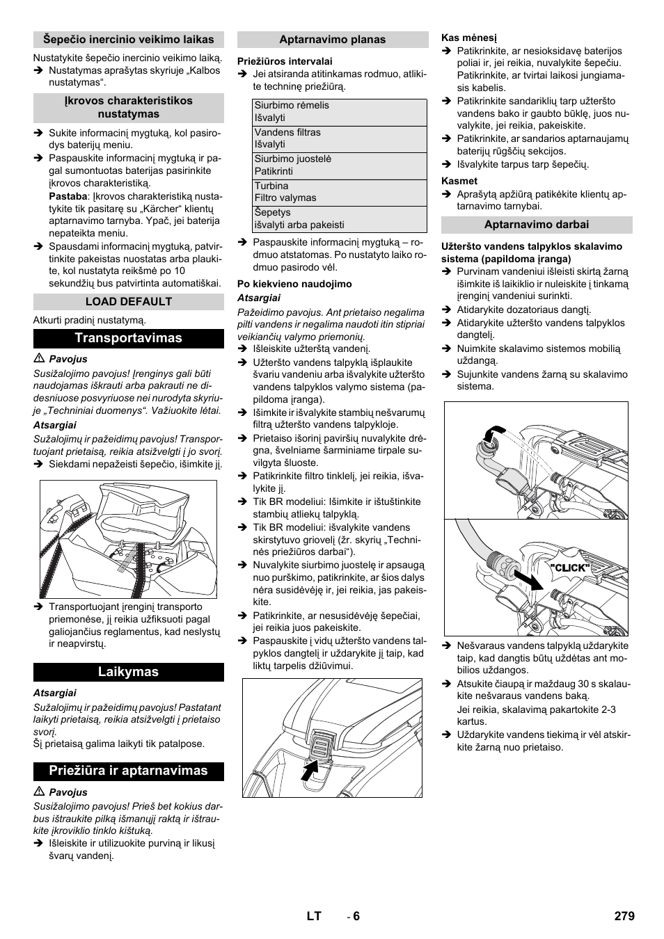 Transportavimas laikymas priežiūra ir aptarnavimas | Karcher B 80 W User Manual | Page 279 / 310