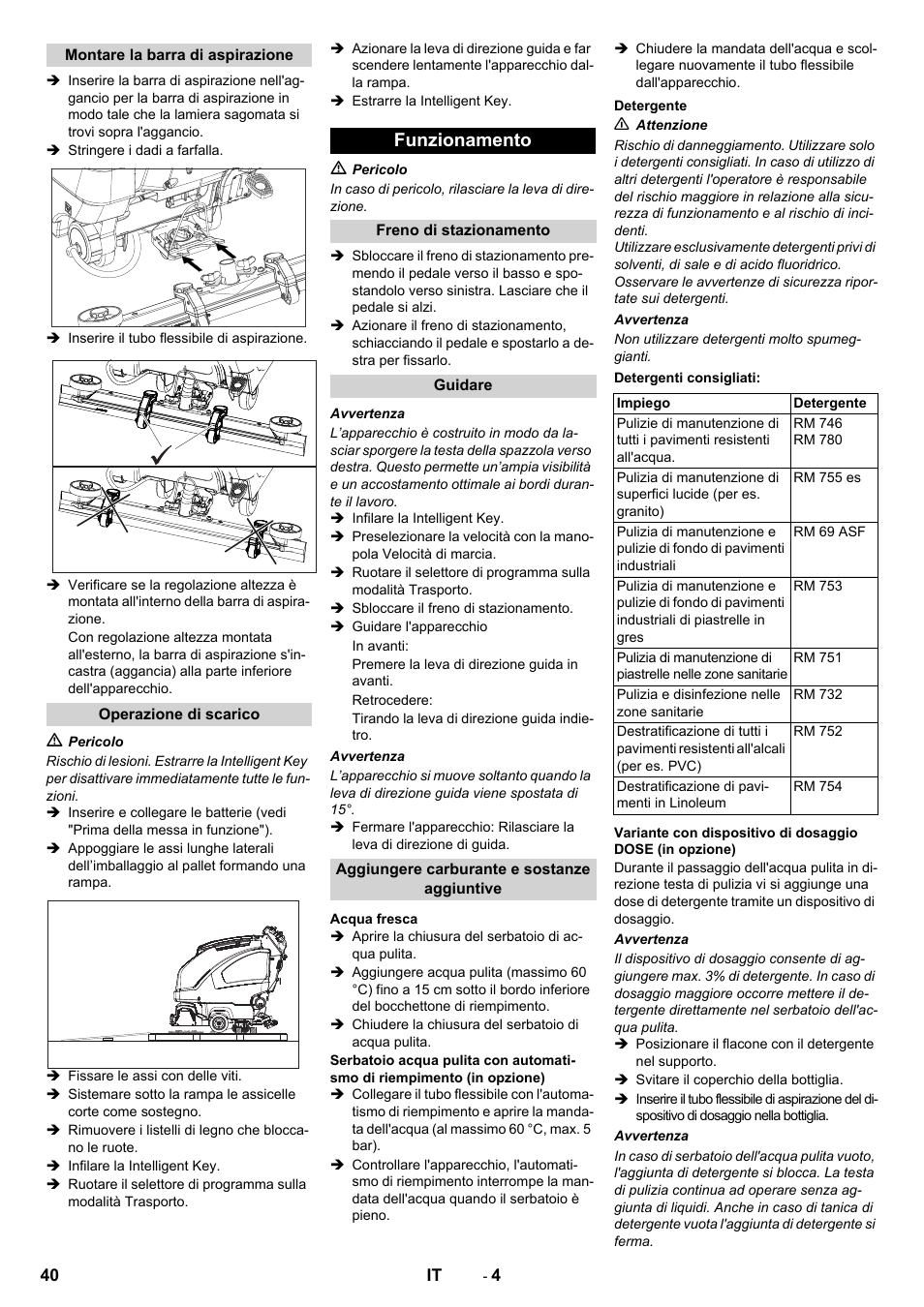 Funzionamento | Karcher B 80 W User Manual | Page 40 / 310