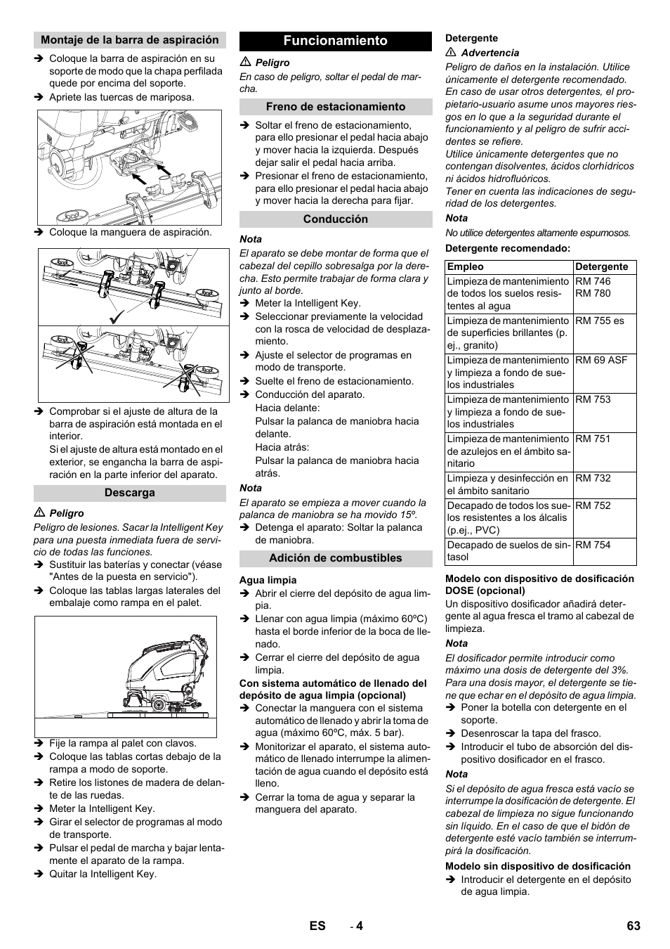 Funcionamiento | Karcher B 80 W User Manual | Page 63 / 310