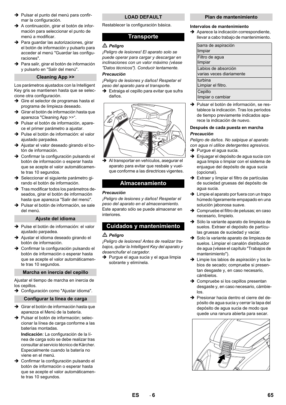 Transporte almacenamiento cuidados y mantenimiento | Karcher B 80 W User Manual | Page 65 / 310