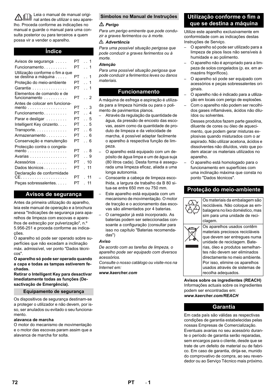 Português, Índice, Avisos de segurança | Garantia | Karcher B 80 W User Manual | Page 72 / 310