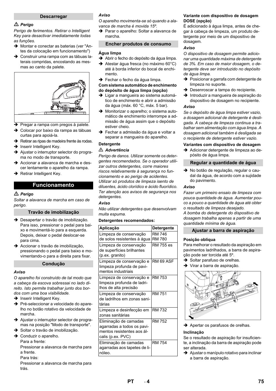 Funcionamento | Karcher B 80 W User Manual | Page 75 / 310