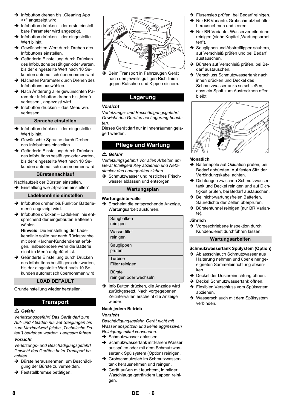 Transport lagerung pflege und wartung | Karcher B 80 W User Manual | Page 8 / 310