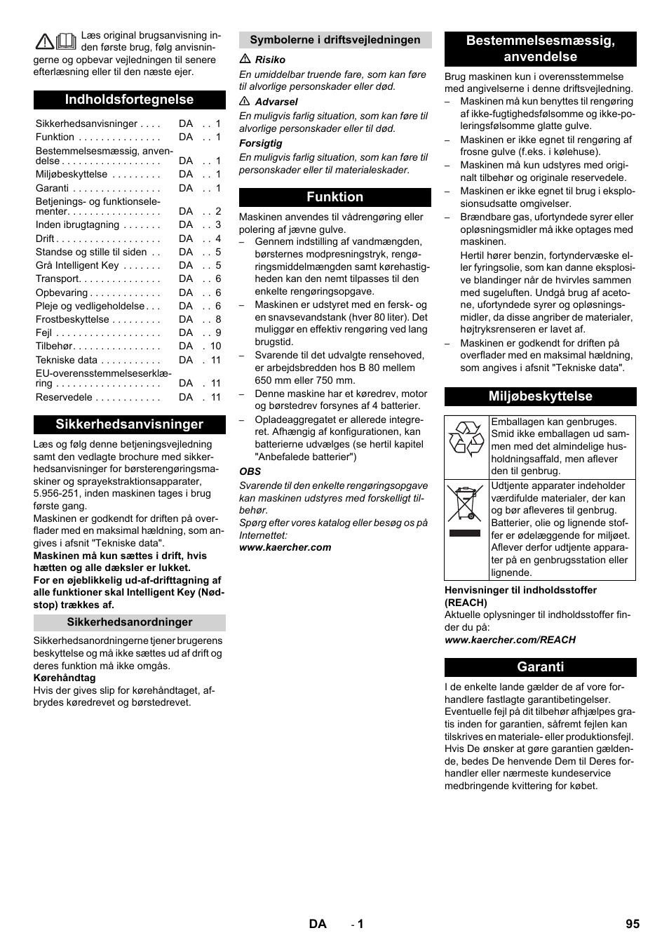 Dansk, Indholdsfortegnelse, Sikkerhedsanvisninger | Garanti | Karcher B 80 W User Manual | Page 95 / 310