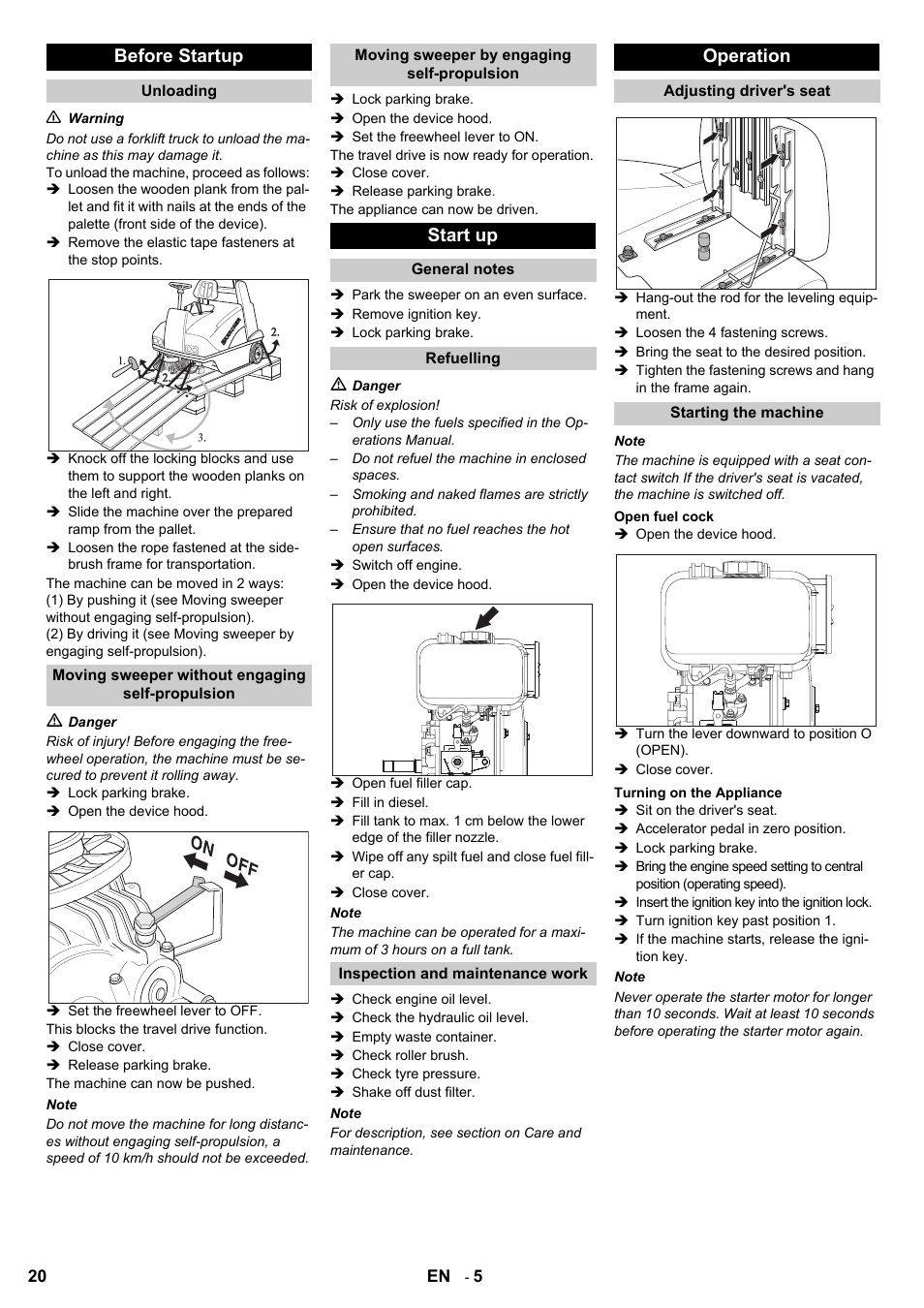 Before startup, Start up, Operation | Karcher KMR 1250 D KAT User Manual | Page 20 / 124