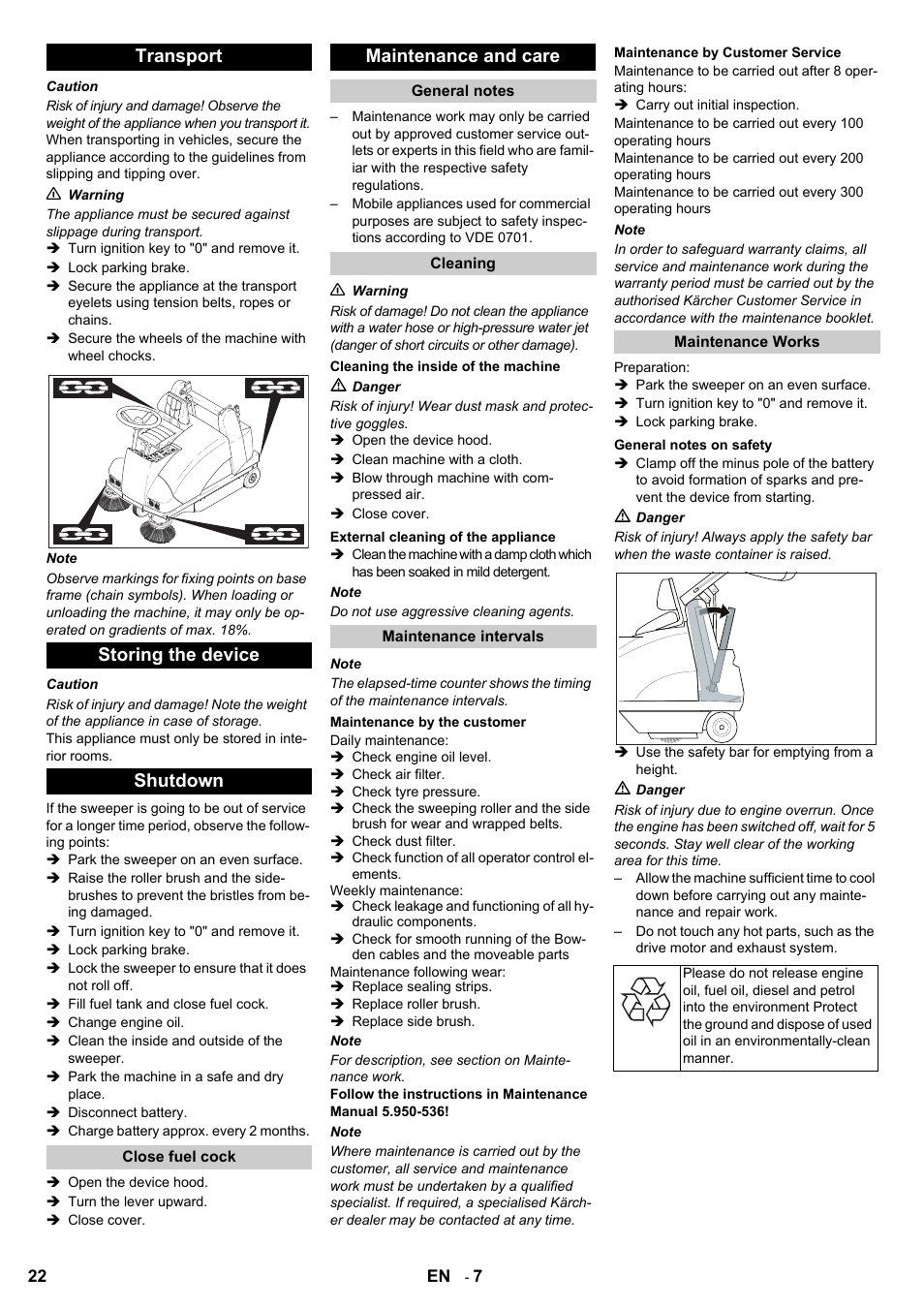 Transport storing the device shutdown, Maintenance and care | Karcher KMR 1250 D KAT User Manual | Page 22 / 124