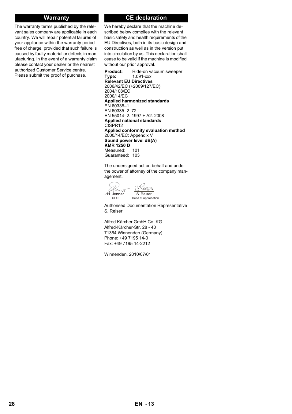 Warranty ce declaration | Karcher KMR 1250 D KAT User Manual | Page 28 / 124