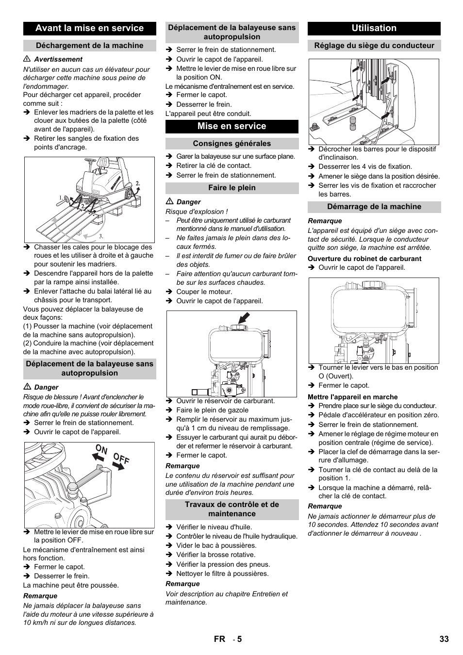 Avant la mise en service, Mise en service, Utilisation | Karcher KMR 1250 D KAT User Manual | Page 33 / 124