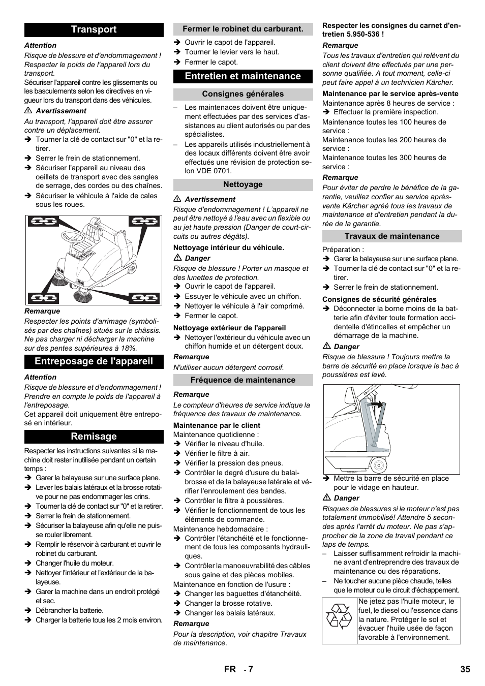 Transport entreposage de l'appareil remisage, Entretien et maintenance | Karcher KMR 1250 D KAT User Manual | Page 35 / 124