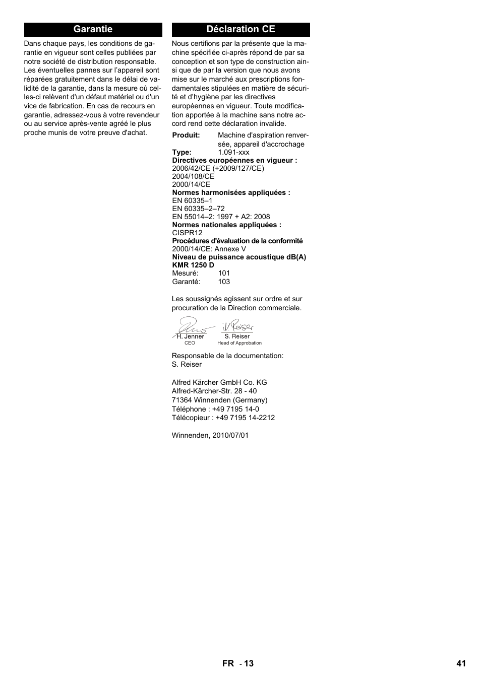 Garantie déclaration ce | Karcher KMR 1250 D KAT User Manual | Page 41 / 124