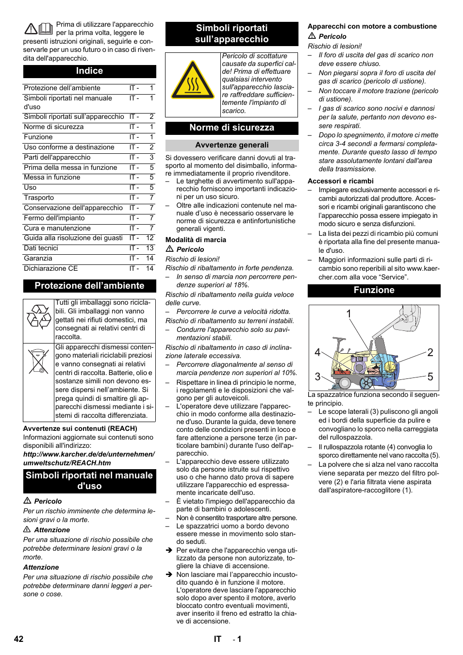 Indice, Protezione dell’ambiente, Norme di sicurezza | Funzione | Karcher KMR 1250 D KAT User Manual | Page 42 / 124