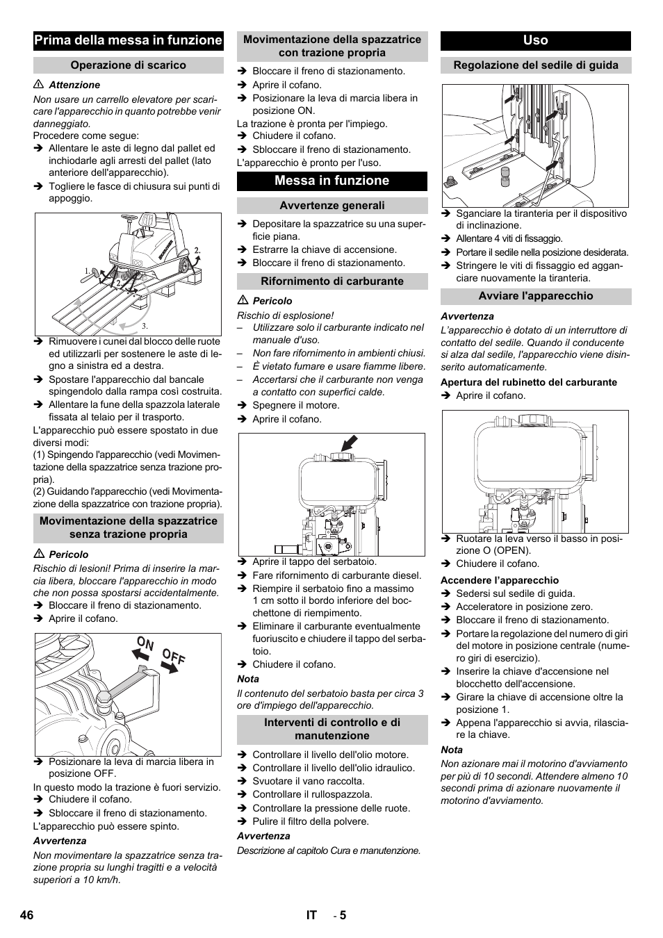 Prima della messa in funzione, Messa in funzione | Karcher KMR 1250 D KAT User Manual | Page 46 / 124