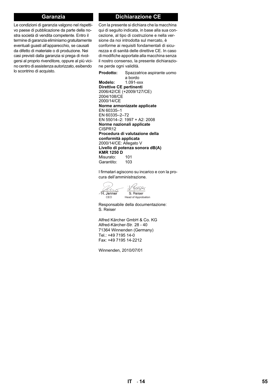 Garanzia dichiarazione ce | Karcher KMR 1250 D KAT User Manual | Page 55 / 124